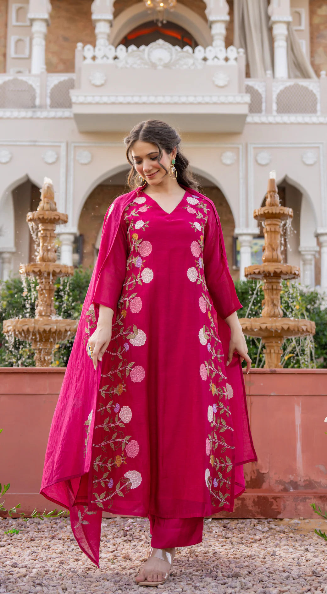 Rani Pink Floral Printed Chanderi Kurta Set