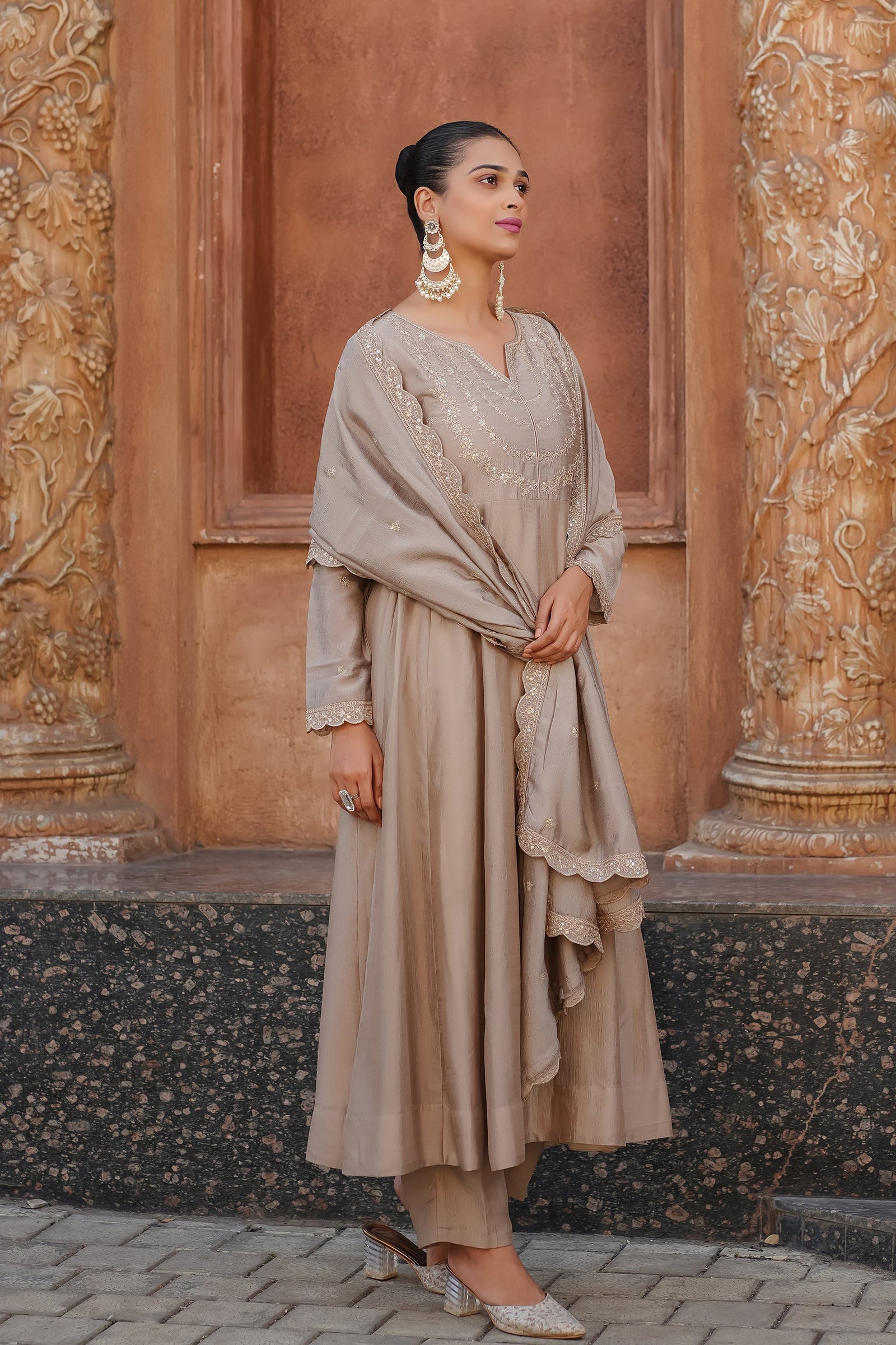 Beige Embroidered Vichitra Silk Sharara Suit Set