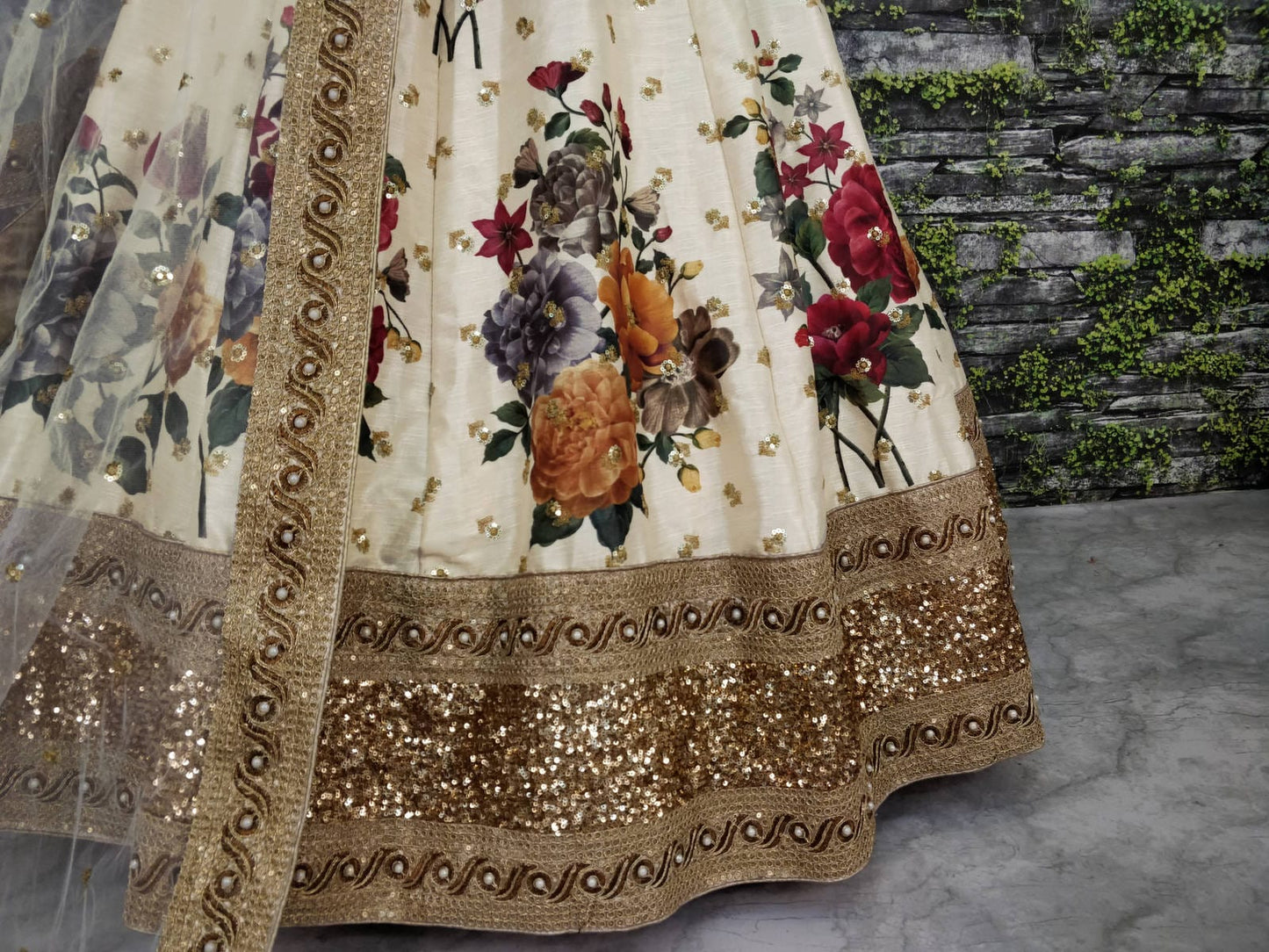 Cream Fine Art Silk Pearl Embroidered Lehenga Set
