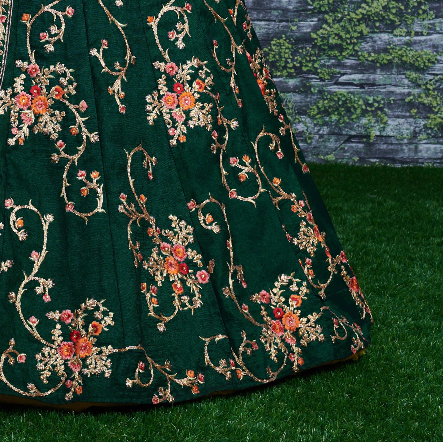 Emerald Blossom Taffeta Silk Lehenga Choli Set