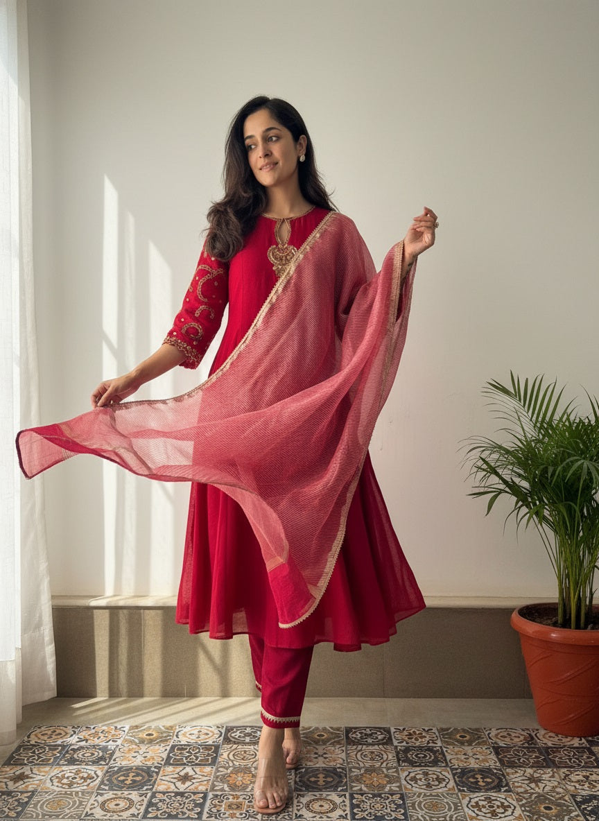 Red Viscose Chanderi Embroidered Kurta Set