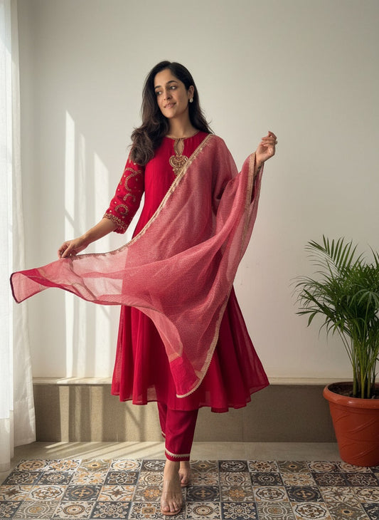 Red Viscose Chanderi Embroidered Kurta Set