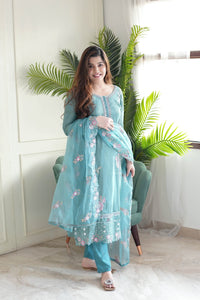 Azurea Sky Blue Pure Chinon Suit Set