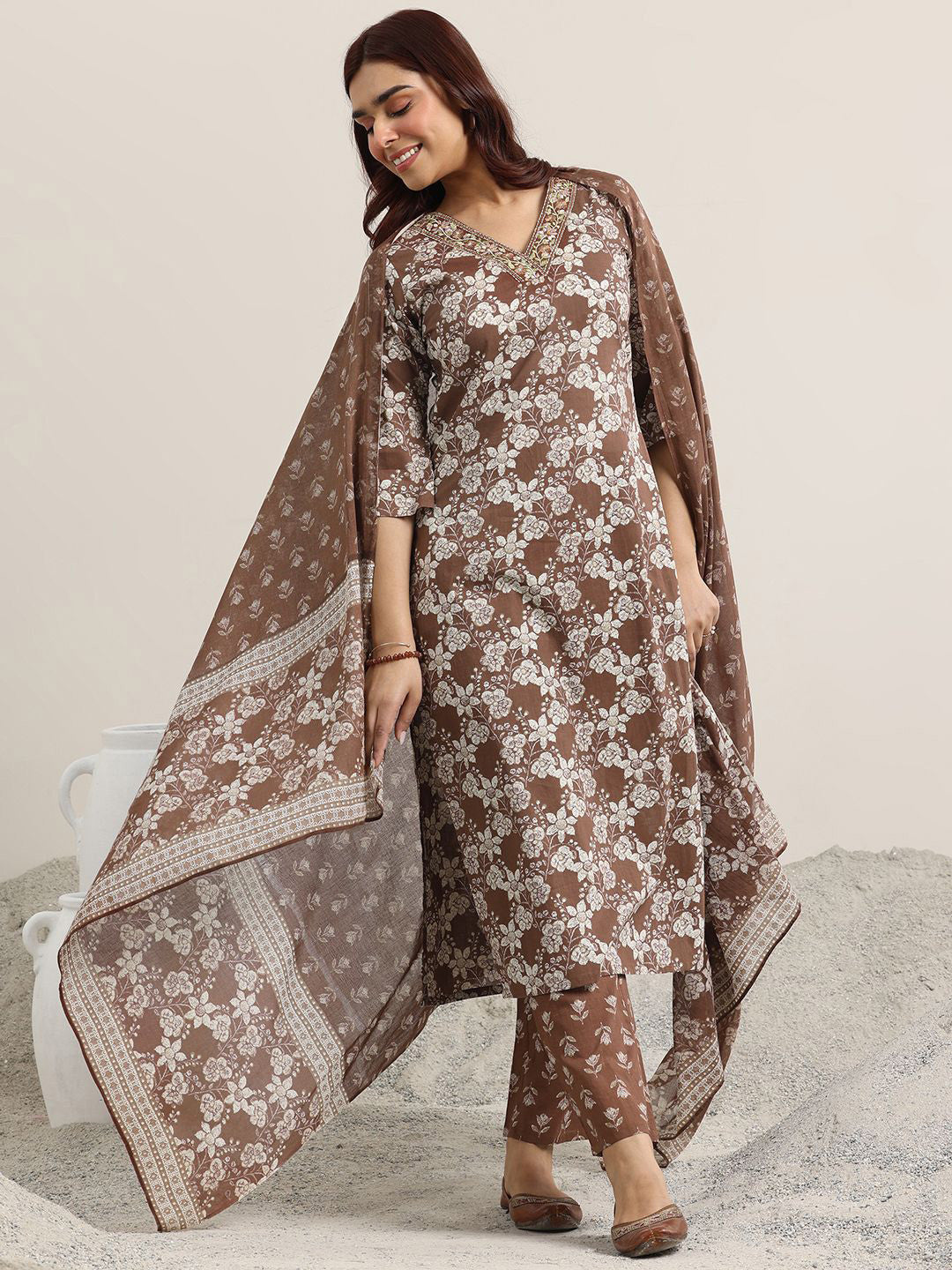 Brown Printed Magic Cotton Kurta Set