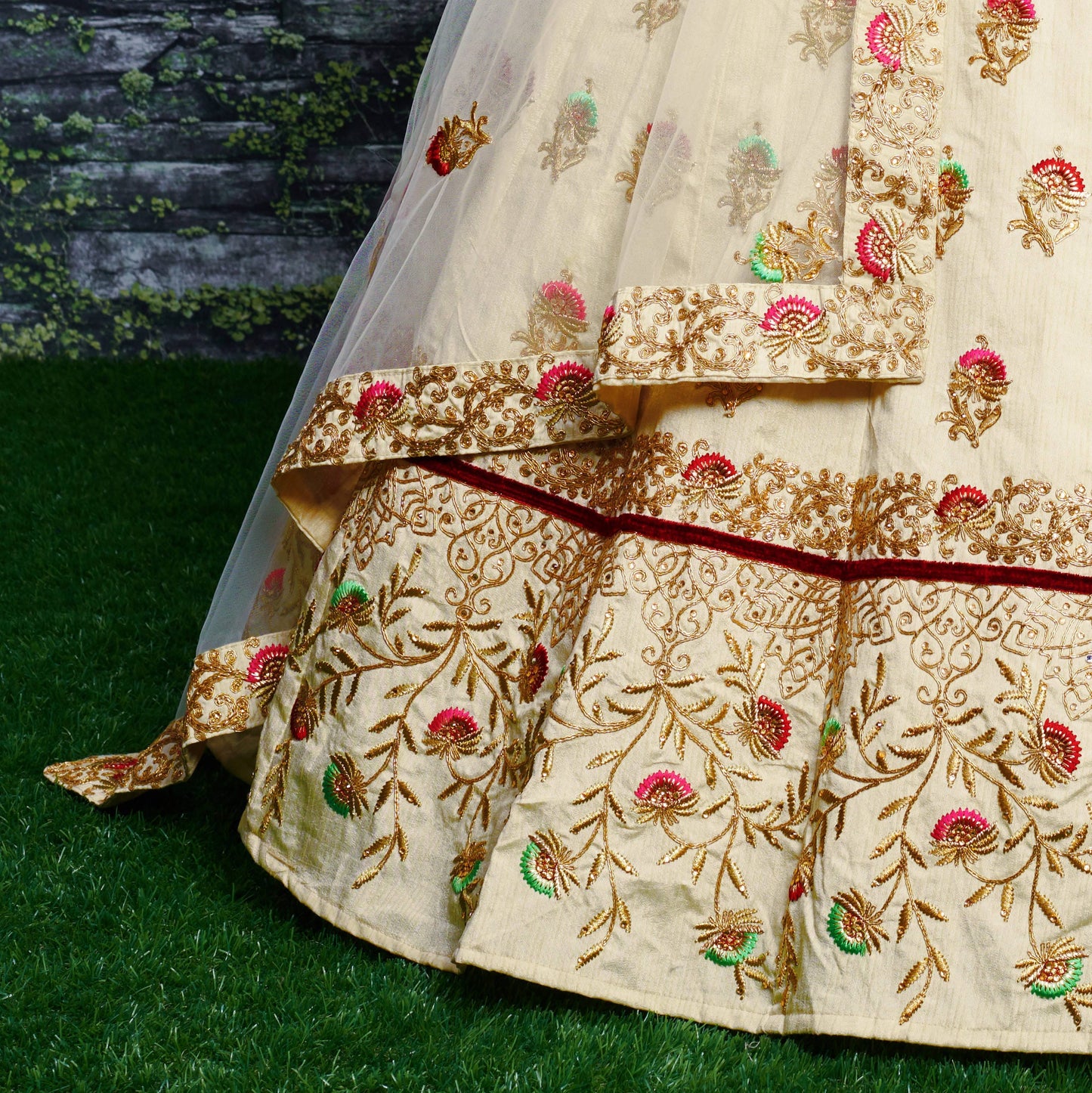 Ivory Bloom Embroidered Slub Silk Lehenga Set
