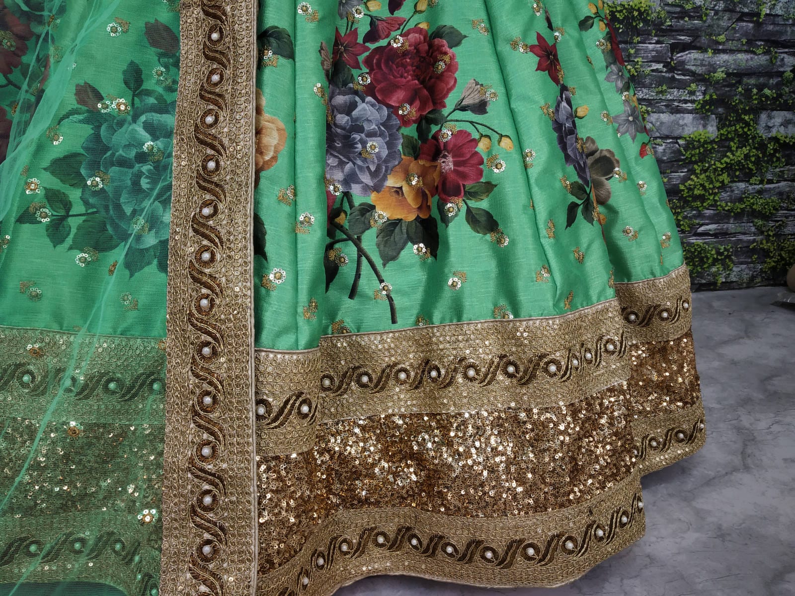 Green Fine Art Silk Pearl Embroidered Lehenga Set