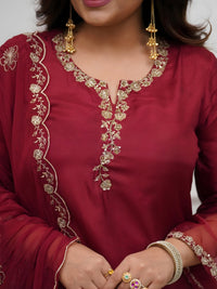 Maroon Viscose Chanderi Embroidered Kurta Set