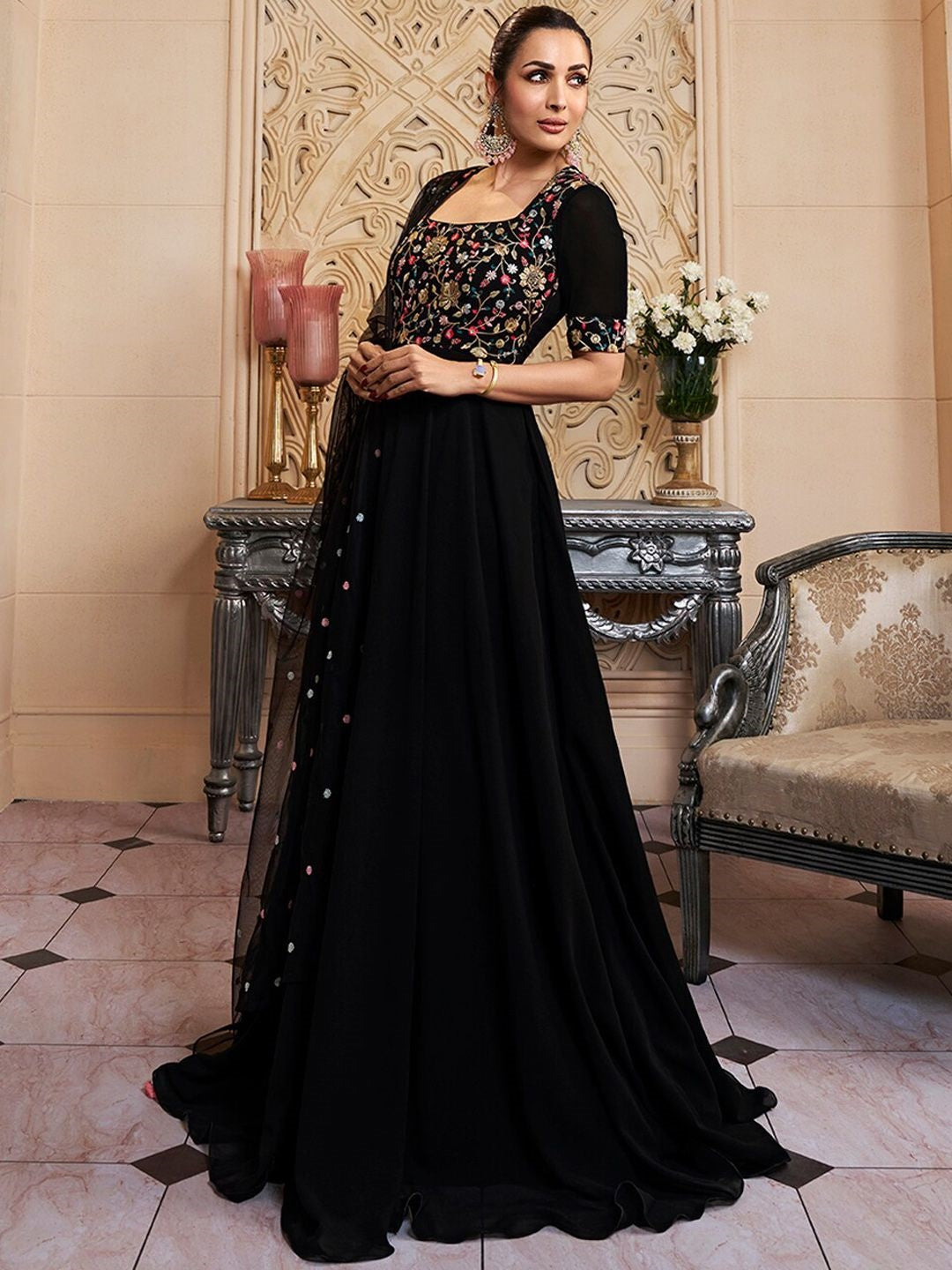 Black Embroidered Georgette Anarkali Kurta Set