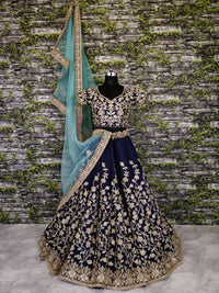 Navy Blue Raw Silk Embroidered Bridal Lehenga Choli