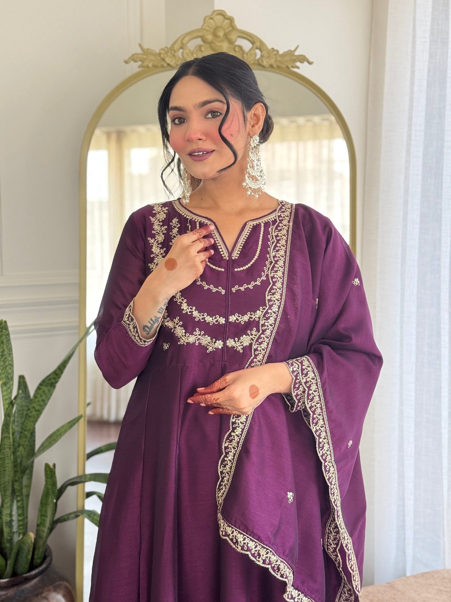 Embroidered Vichitra Silk Anarkali Suit Set