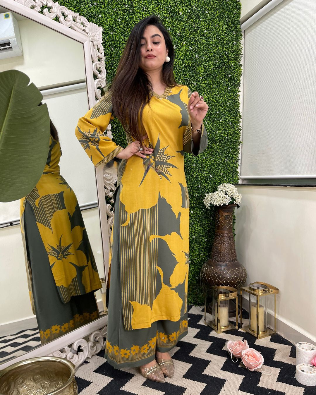 Mustard Bloom Embroidered Rayon Co-Ord Set