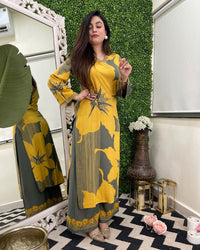 Mustard Bloom Embroidered Rayon Co-Ord Set