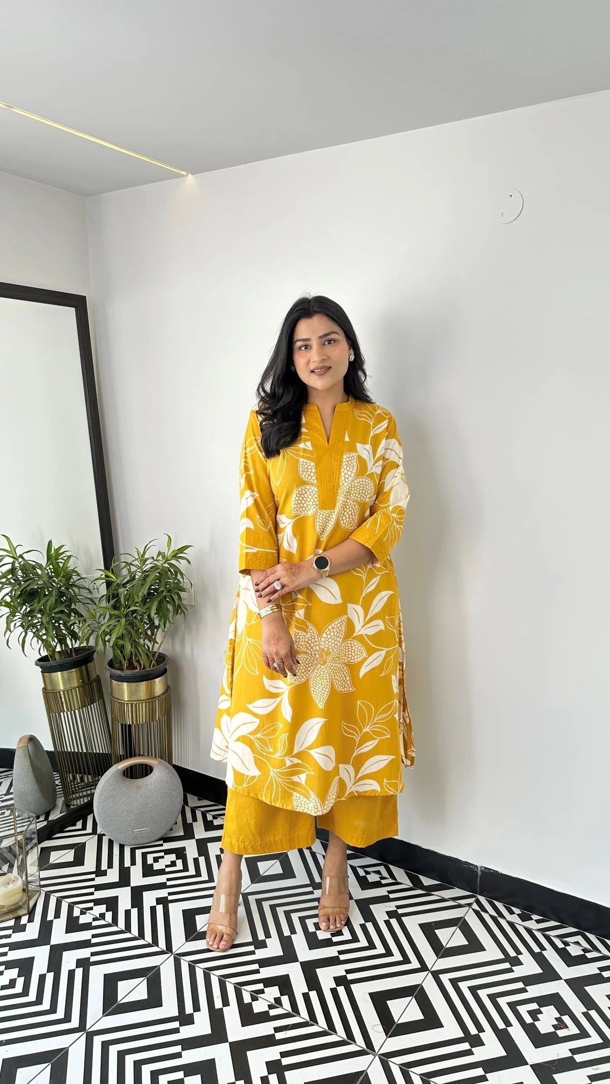 Yellow Floral Georgette Kurta Palazzo Set