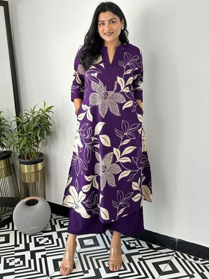 Purple Floral Georgette Kurta Palazzo Set