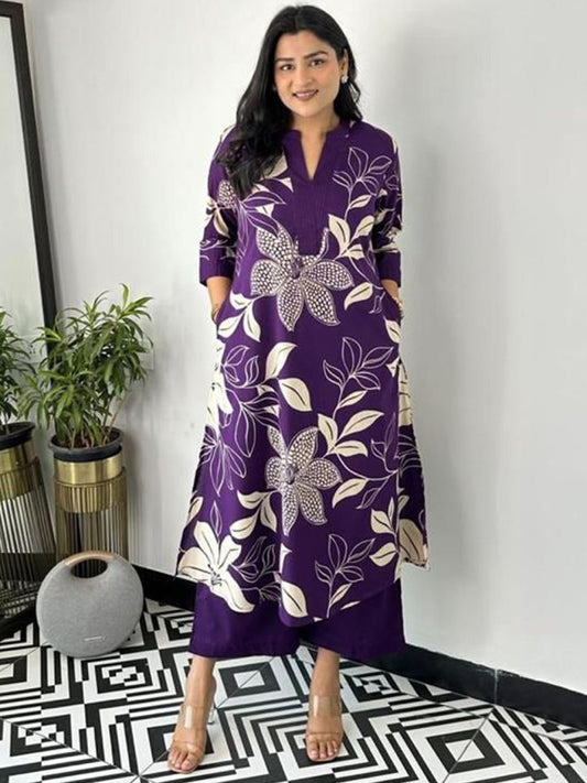 Purple Floral Georgette Kurta Palazzo Set