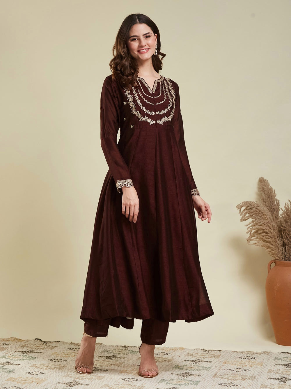 Brown Embroidered Vichitra Silk Sharara Suit Set