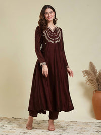 Brown Embroidered Vichitra Silk Sharara Suit Set