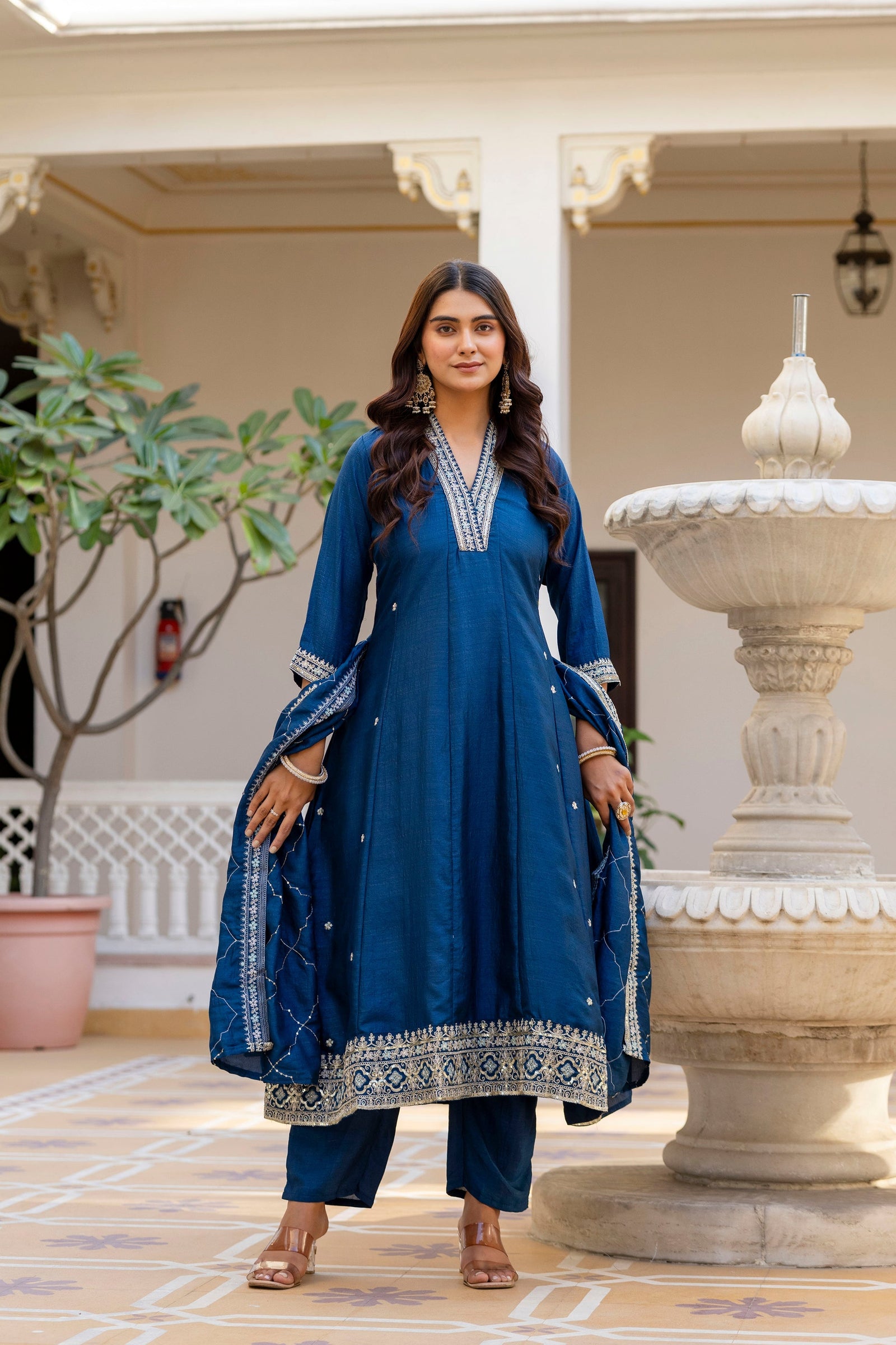Navy Blue Vichitra Silk Embroidered Anarkali Suit Set