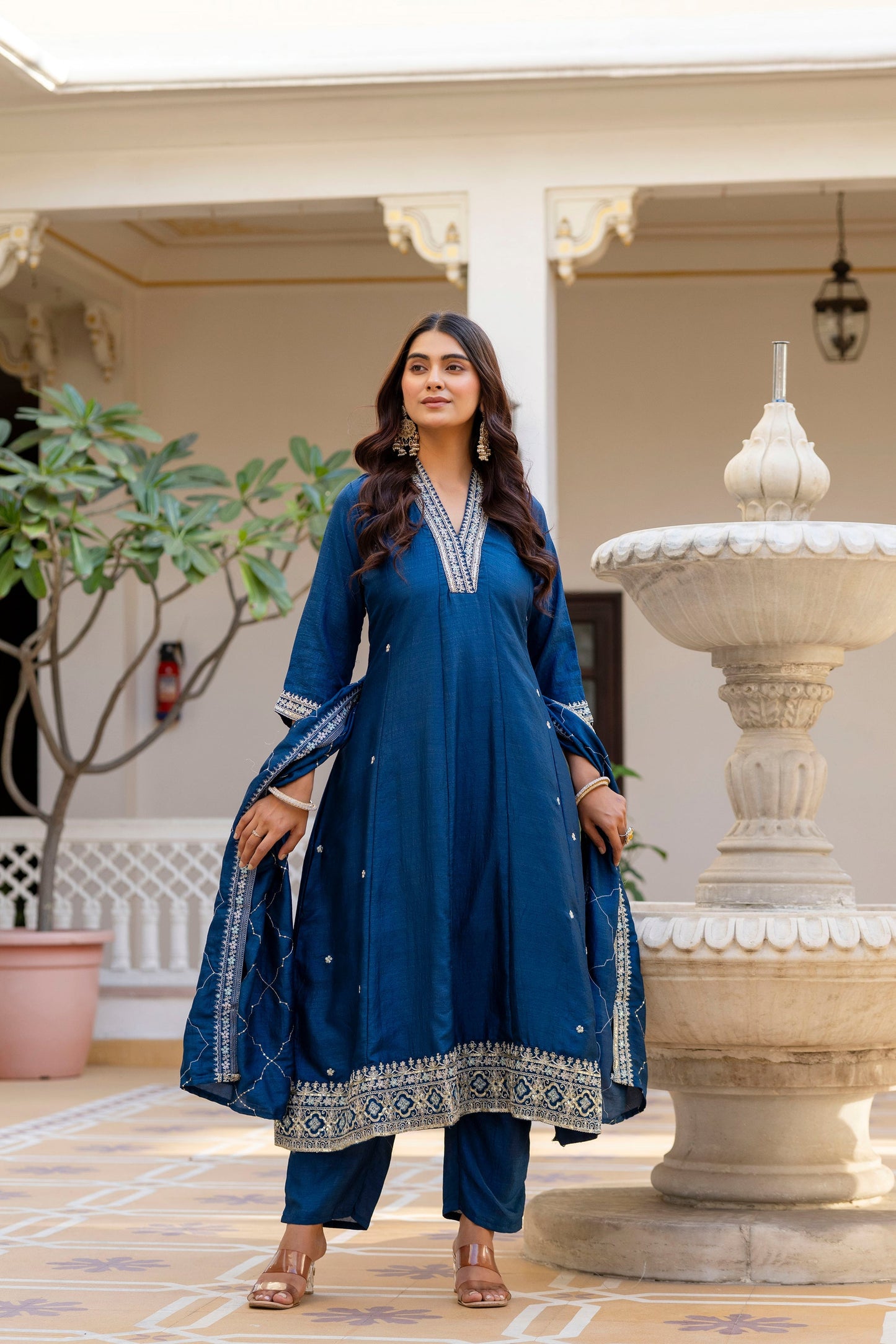 Navy Blue Vichitra Silk Embroidered Anarkali Suit Set