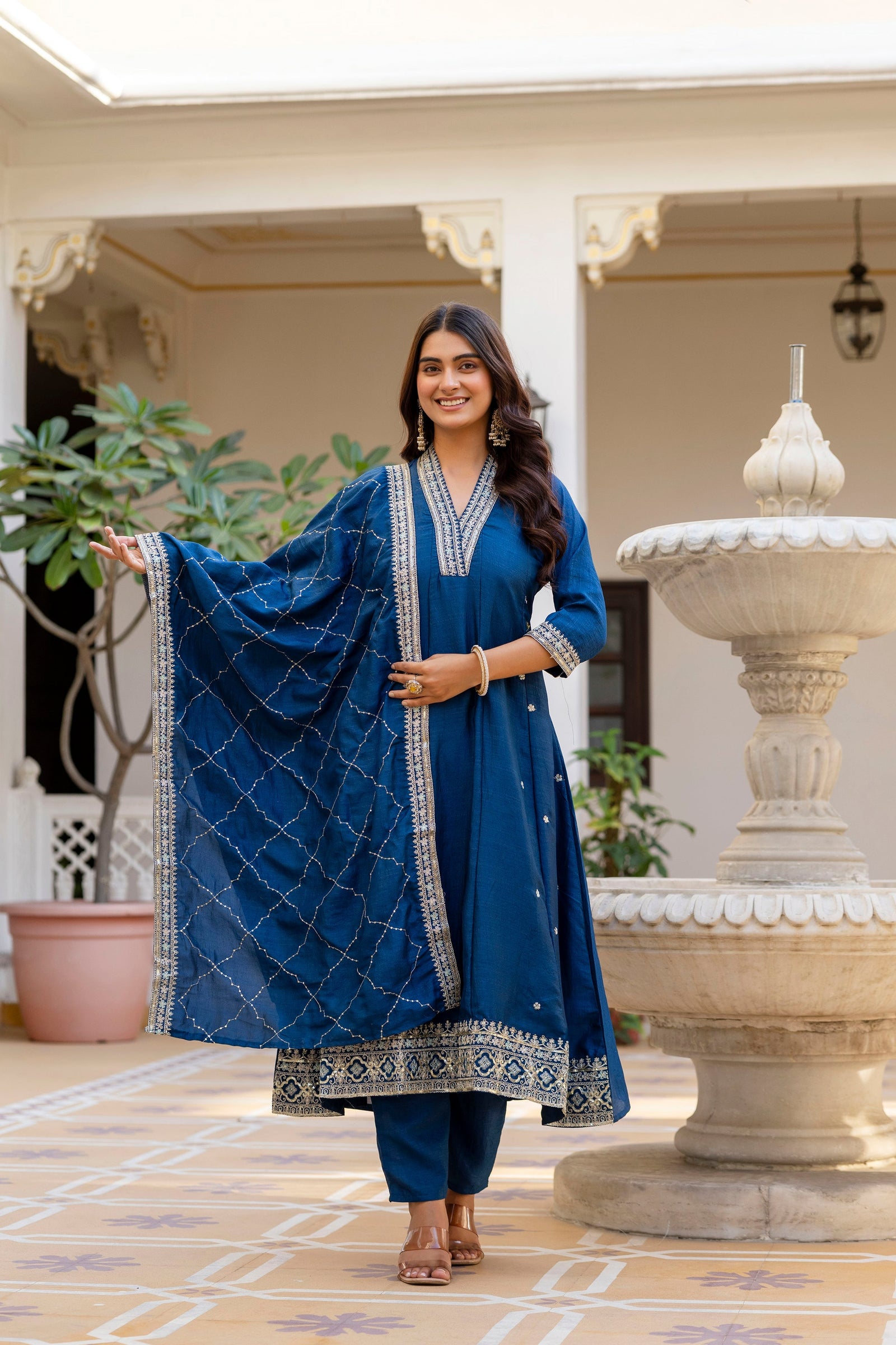 Navy Blue Vichitra Silk Embroidered Anarkali Suit Set