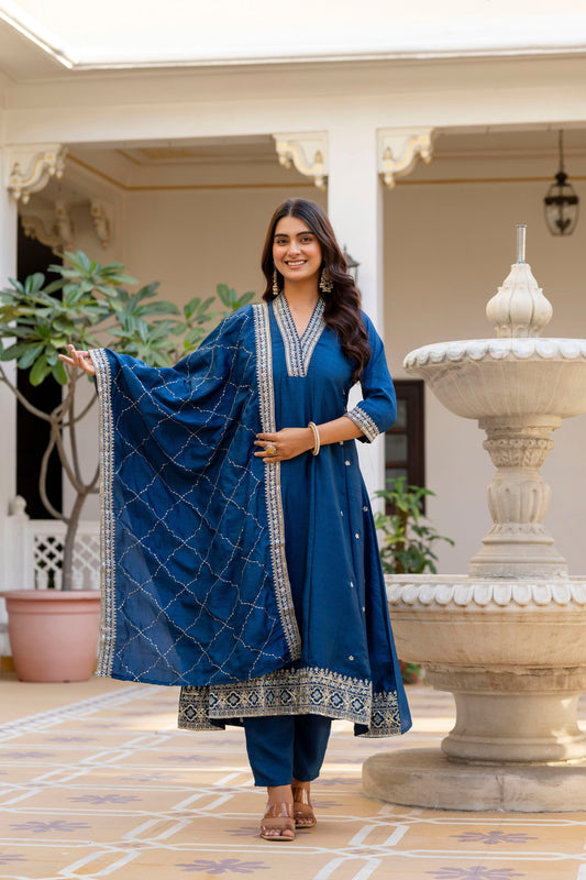Navy Blue Vichitra Silk Embroidered Anarkali Suit Set