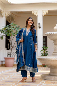 Navy Blue Vichitra Silk Embroidered Anarkali Suit Set