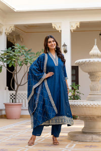 Navy Blue Vichitra Silk Embroidered Anarkali Suit Set