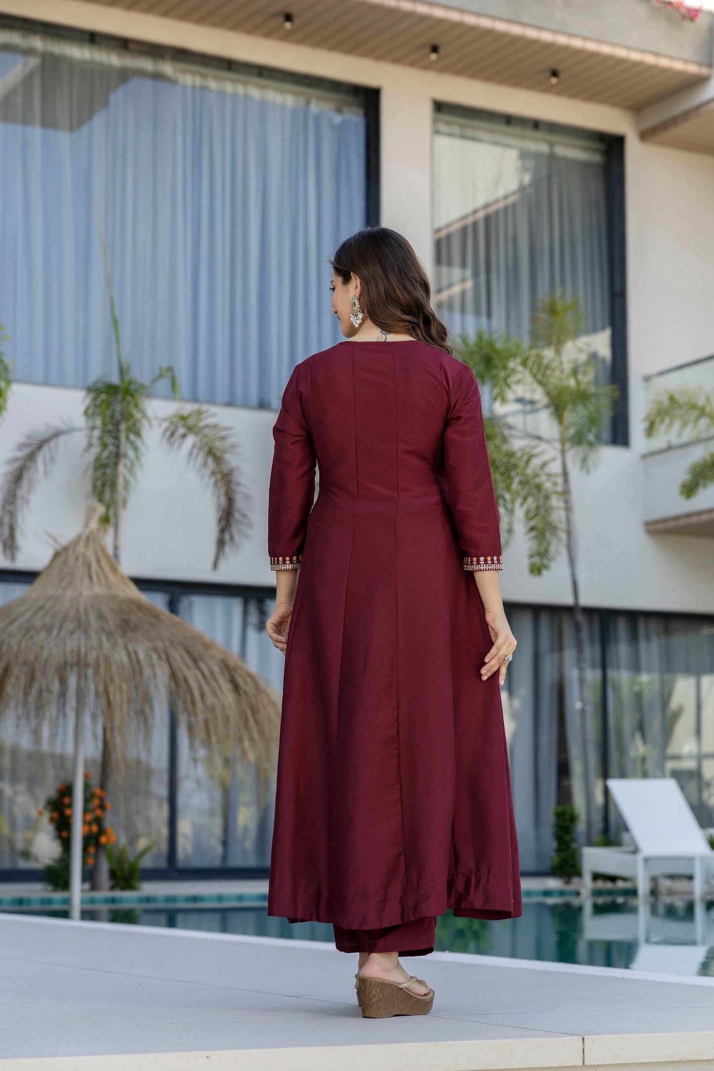Maroon Chinnon Embroidered Kurta Set