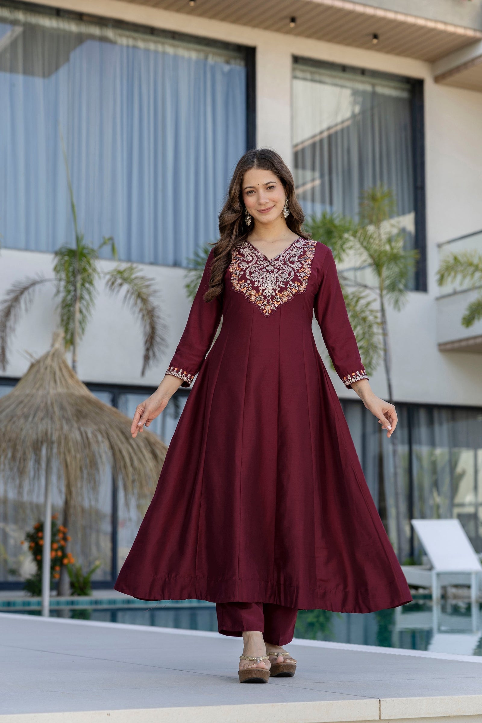Maroon Chinnon Embroidered Kurta Set