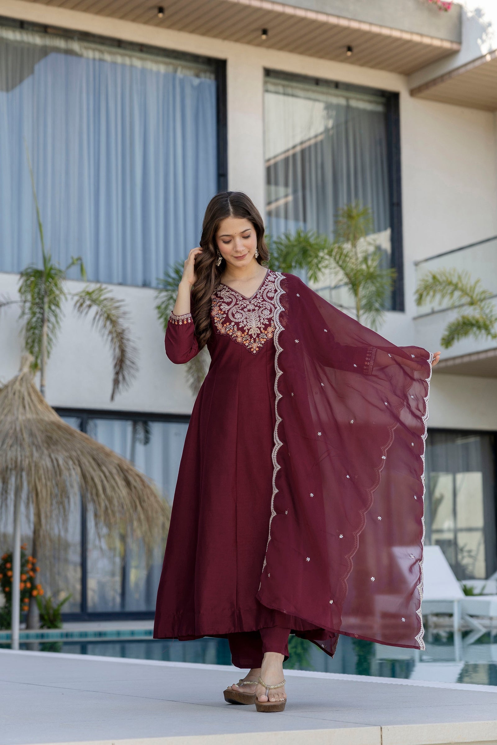 Maroon Chinnon Embroidered Kurta Set