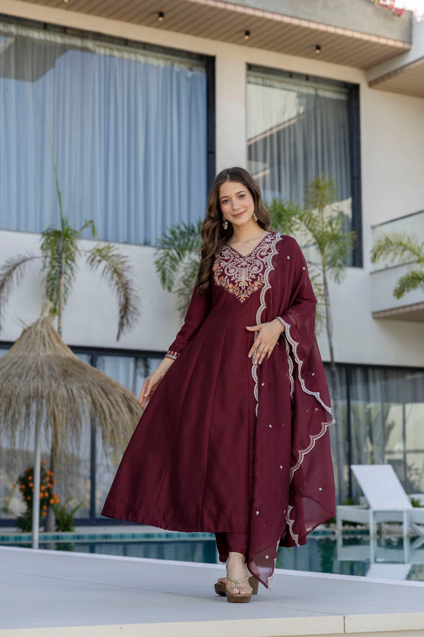 Maroon Embroidered Chinon Kurta Pant Set