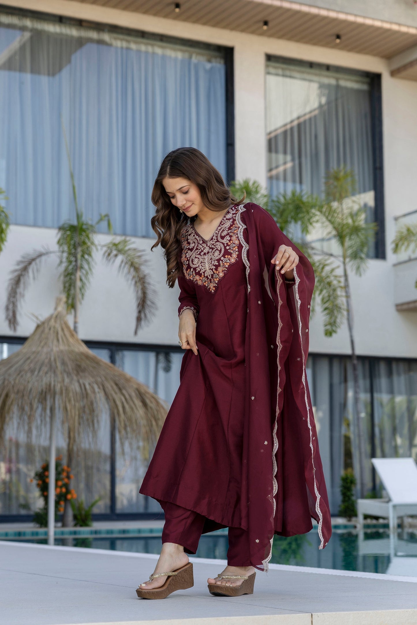 Maroon Embroidered Chinon Kurta Pant Set