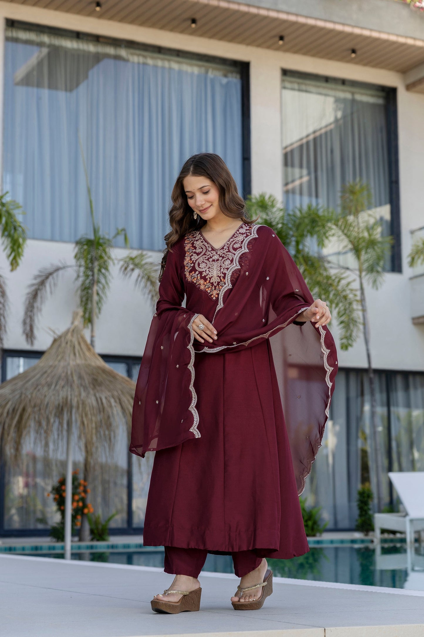 Maroon Embroidered Chinon Kurta Pant Set