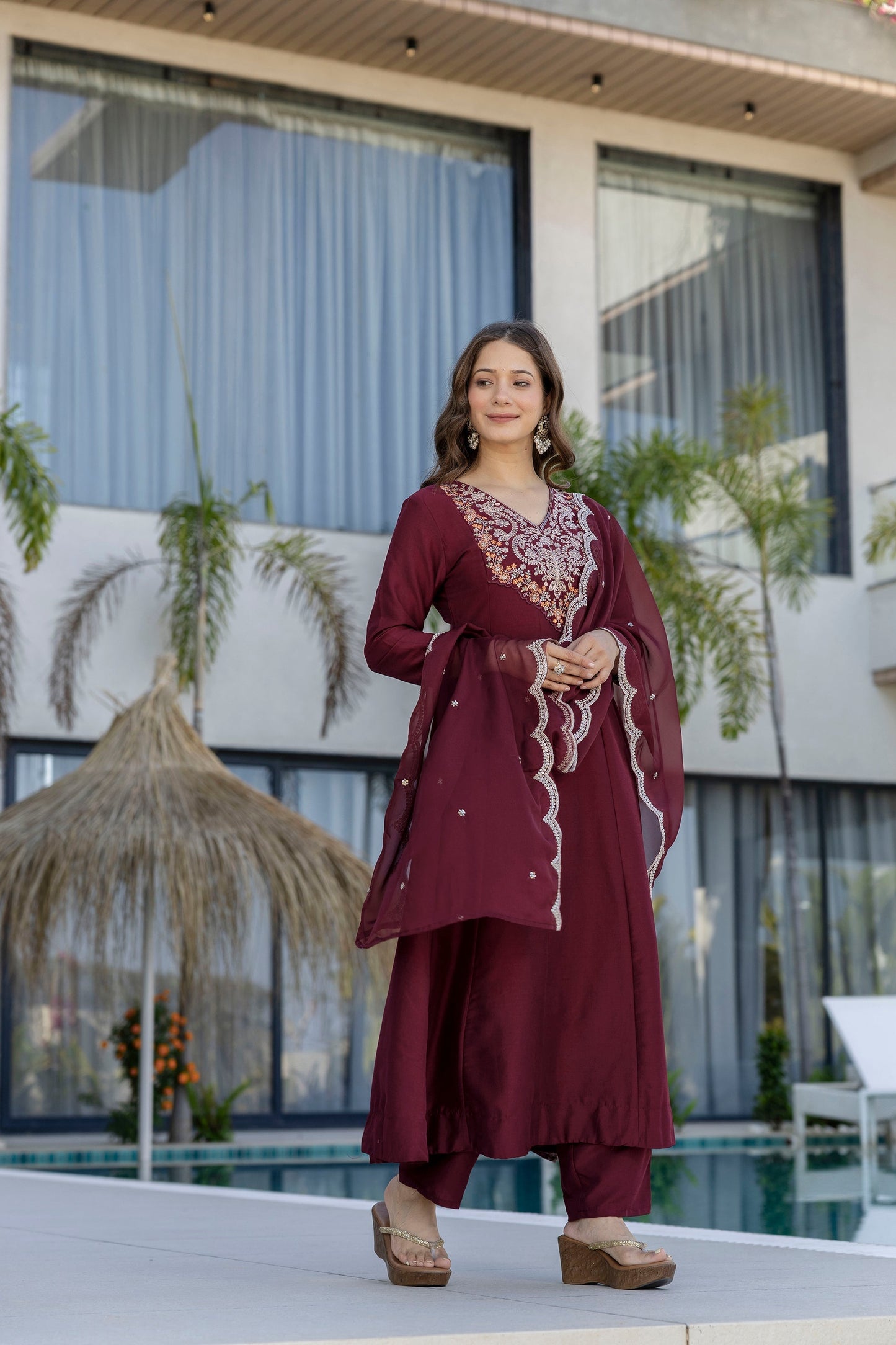 Maroon Embroidered Chinon Kurta Pant Set
