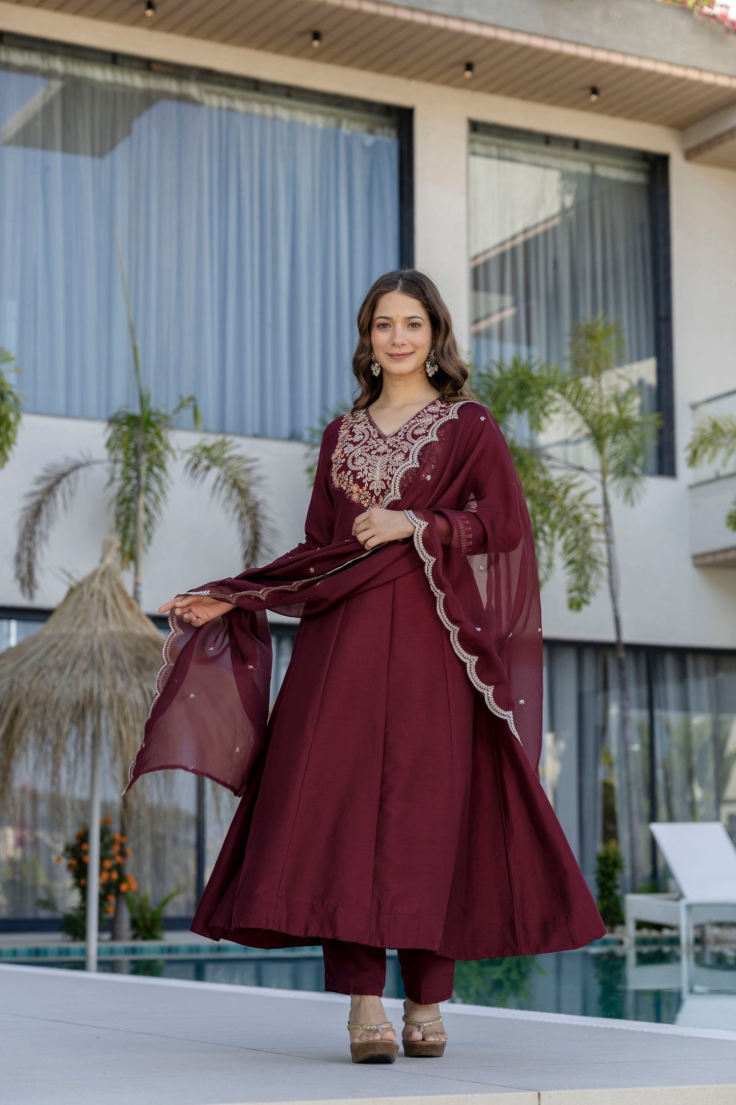 Maroon Embroidered Chinon Kurta Pant Set