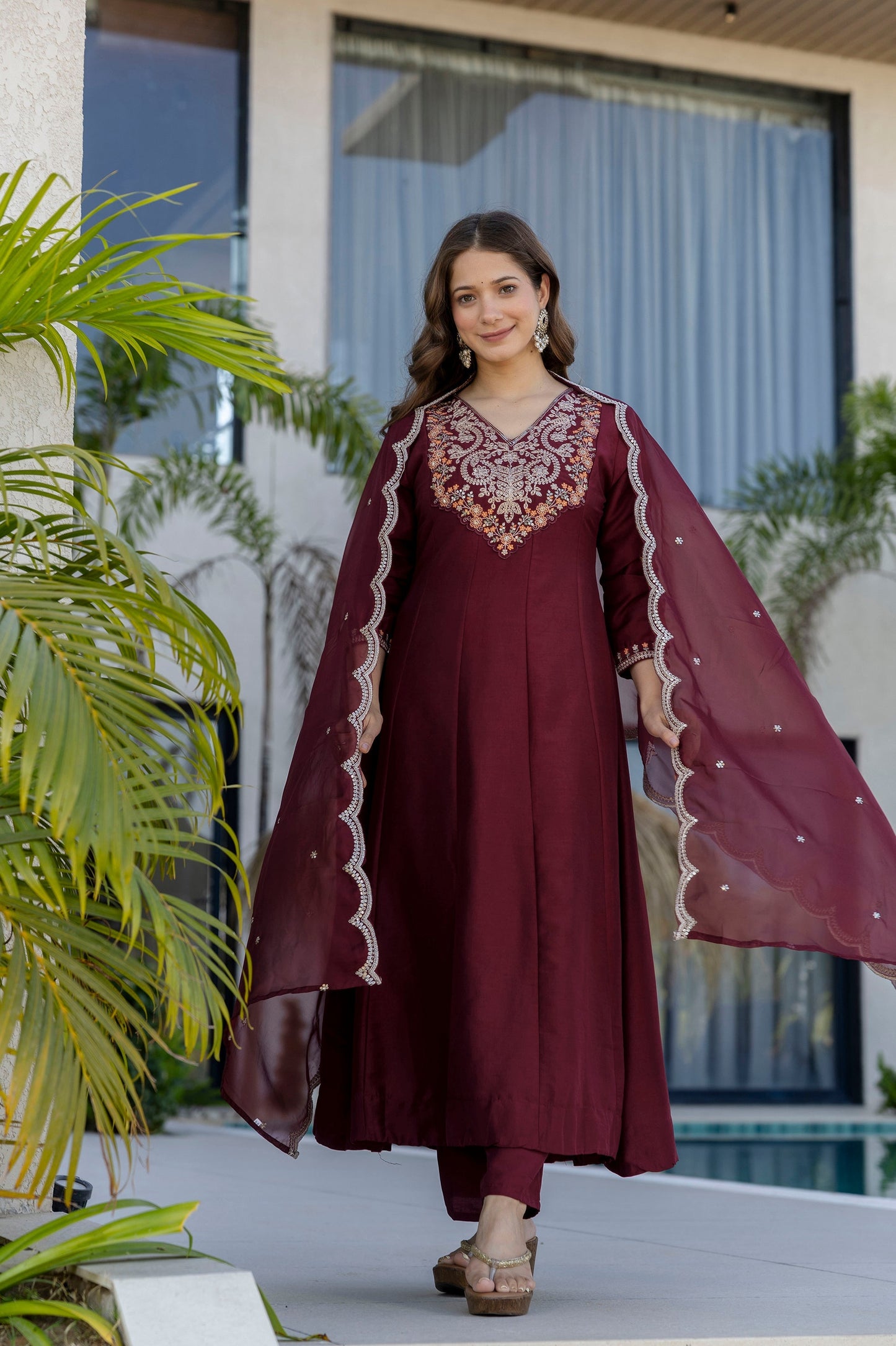 Maroon Embroidered Chinon Kurta Pant Set