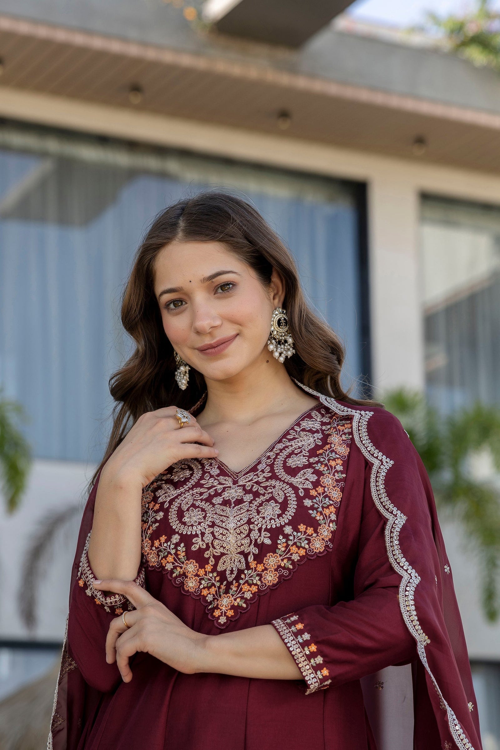 Maroon Embroidered Chinon Kurta Pant Set