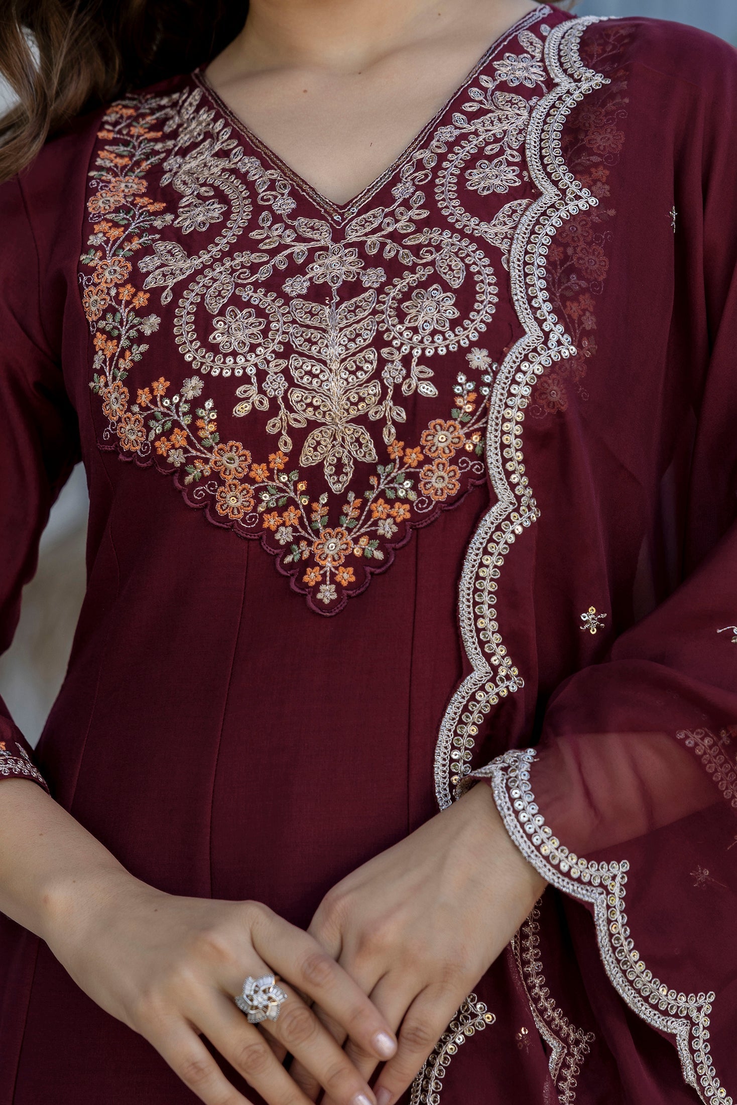 Maroon Embroidered Chinon Kurta Pant Set
