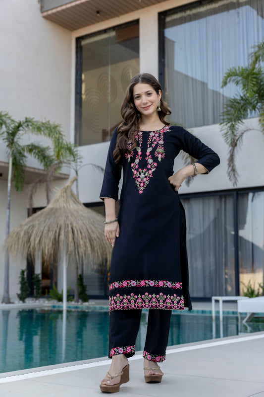 Black Embroidered Chinon Kurta Pant Set