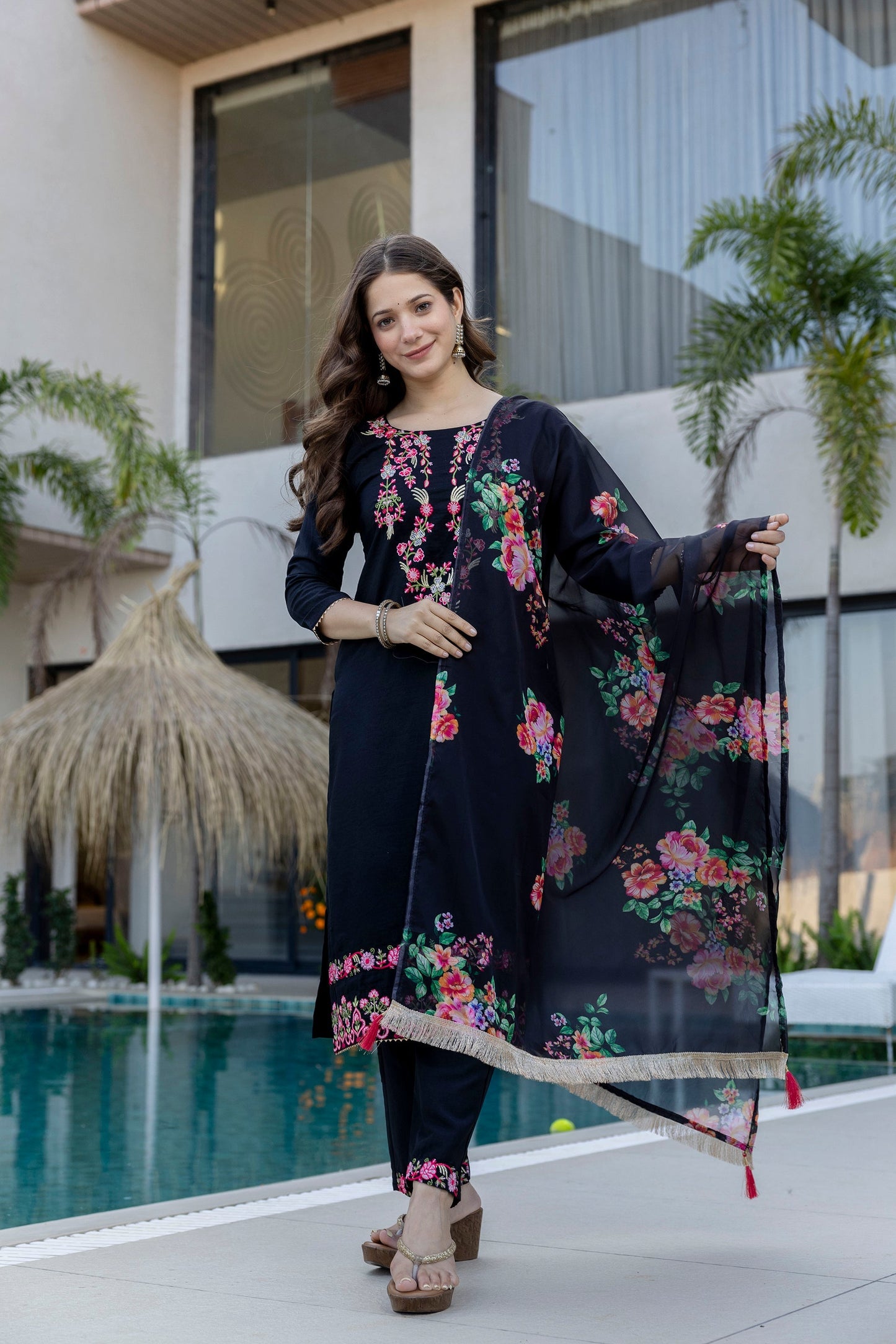 Black Embroidered Chinon Kurta Pant Set