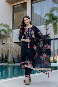 Black Embroidered Chinon Kurta Pant Set