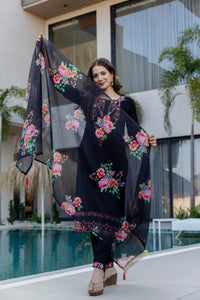 Black Embroidered Chinon Kurta Pant Set