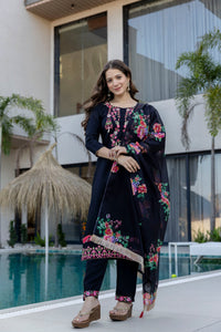 Black Embroidered Chinon Kurta Pant Set