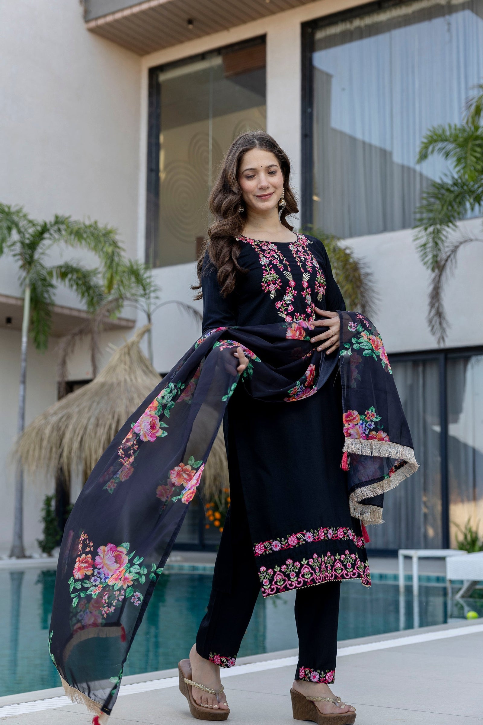 Black Embroidered Chinon Kurta Pant Set