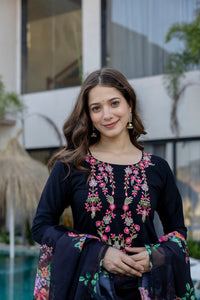 Black Embroidered Chinon Kurta Pant Set