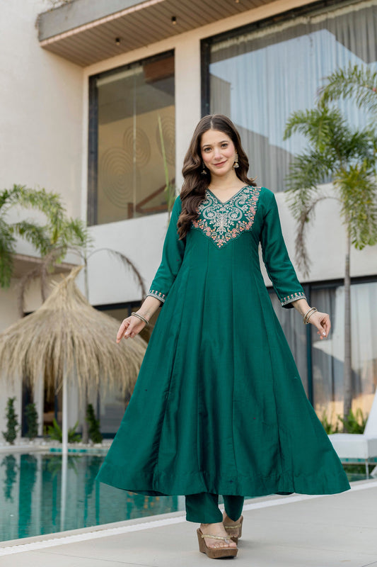 Green Chinnon Embroidered Kurta Set