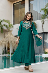 Green Chinnon Embroidered Kurta Set