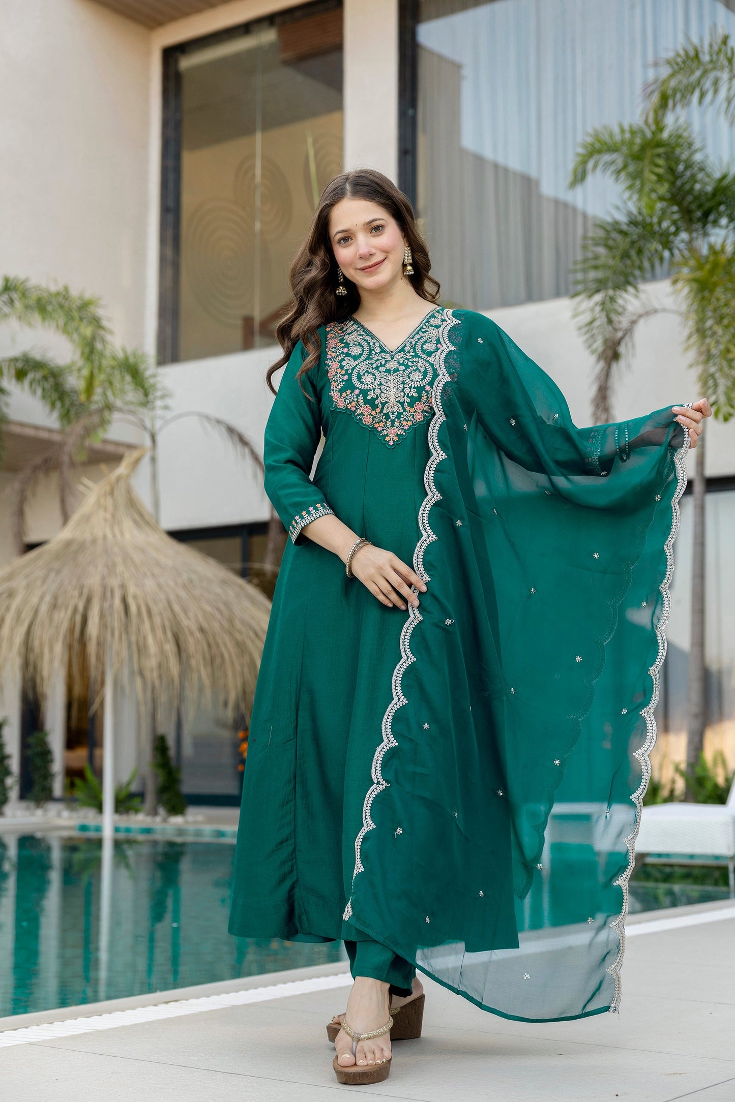 Green Chinnon Embroidered Kurta Set