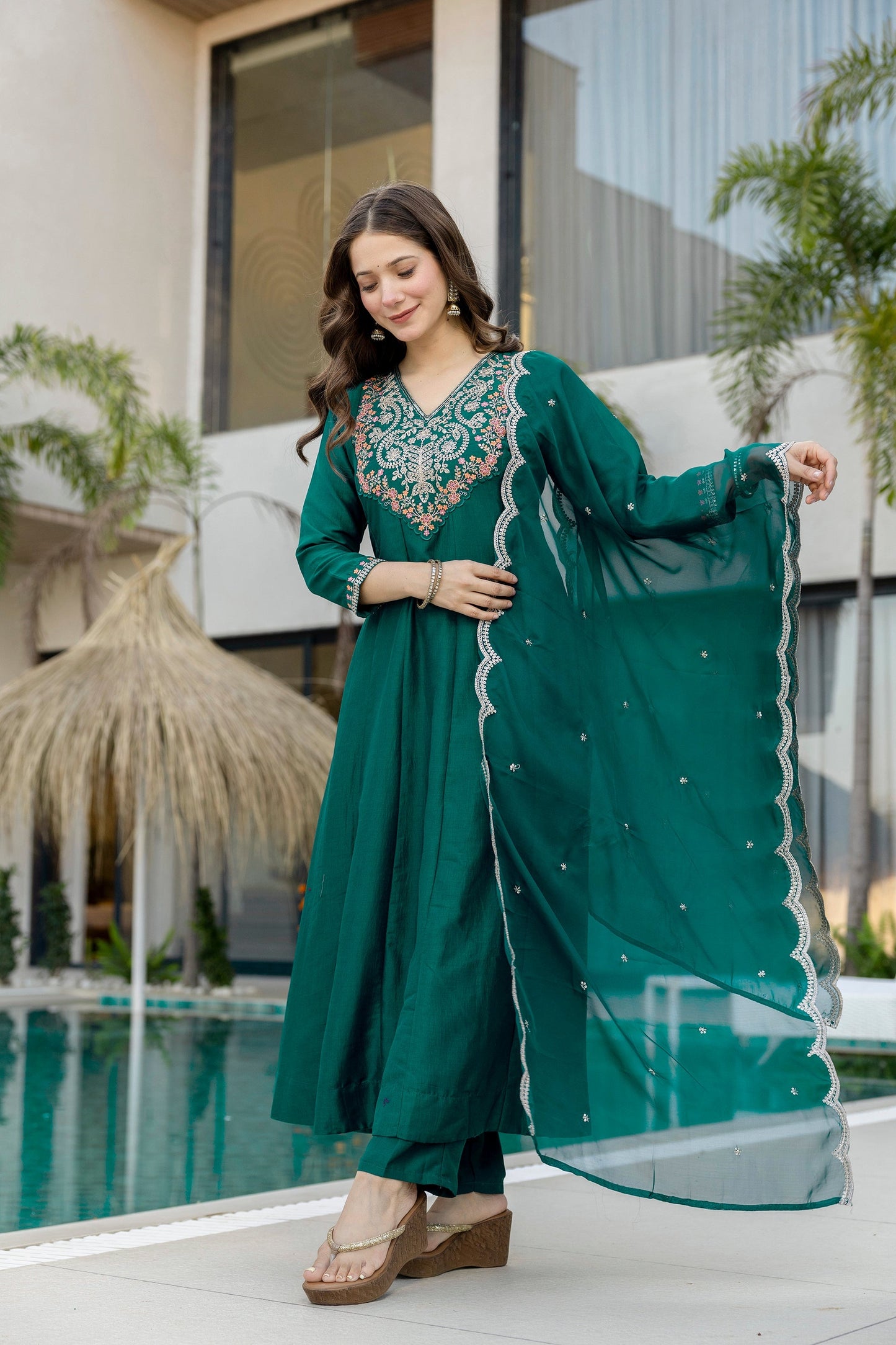 Green Chinnon Embroidered Kurta Set