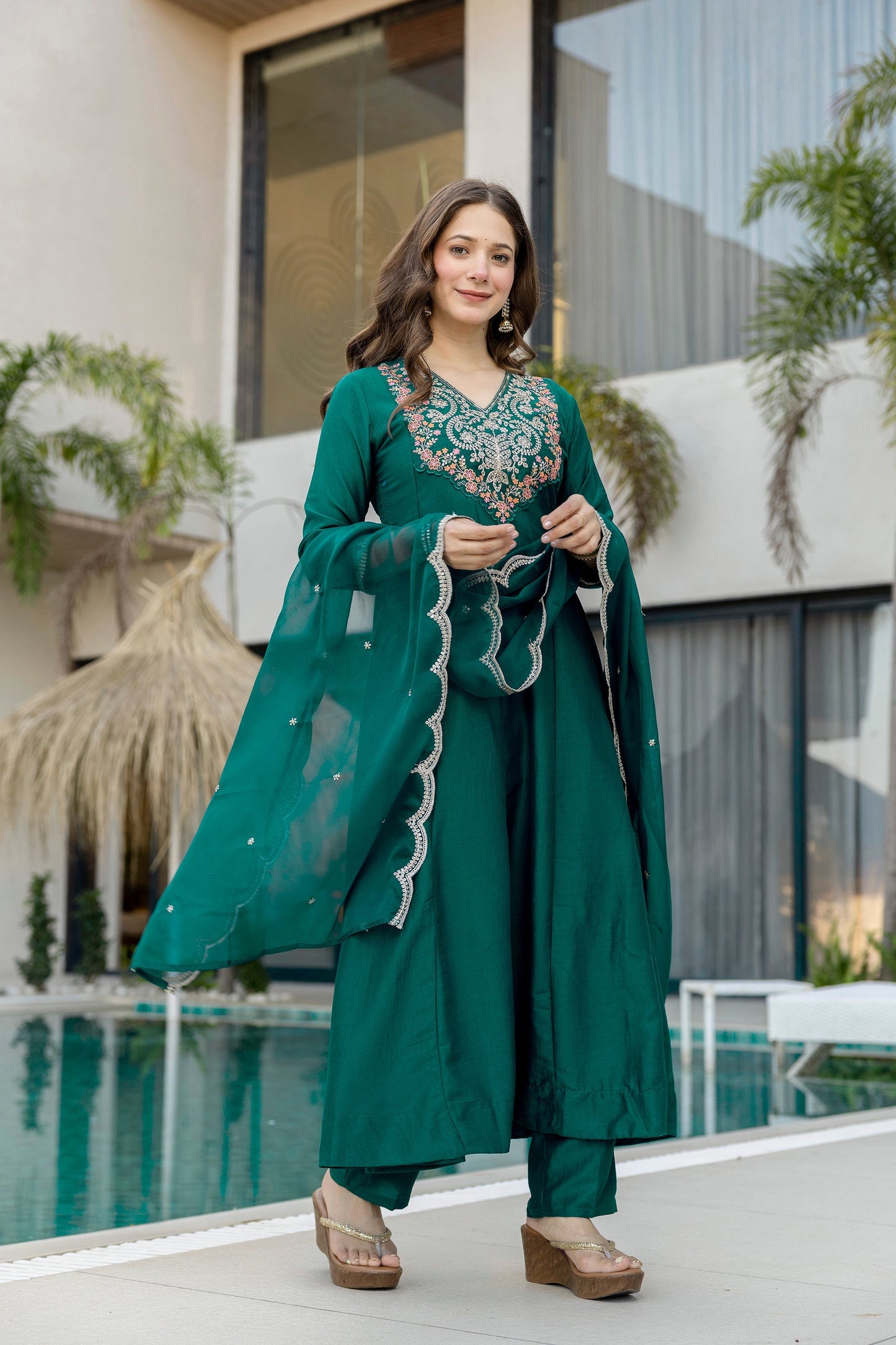 Green Chinnon Embroidered Kurta Set